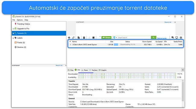 Snimka zaslona preuzimanja 'Zvijezda je rođena' na uTorrentu