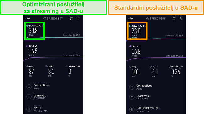 Snimka zaslona testova brzine Ookla iOS-a