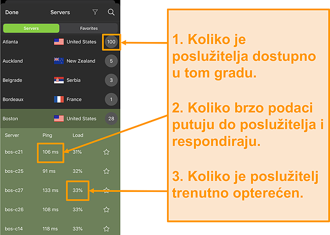 Snimka zaslona popisa poslužitelja IPVanish s istaknutim brojevima poslužitelja, pingom i opterećenjem poslužitelja