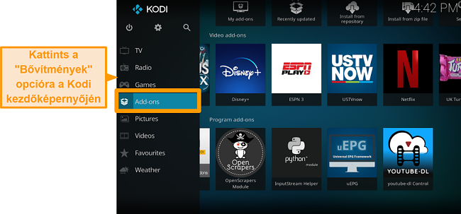 A hivatalos kodi addon telepítésének képernyőképe két kattintás