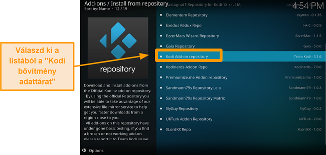 A hivatalos kodi addon telepítésének képernyőképe ötödik lépés kattintson a Kodi add on repository listára