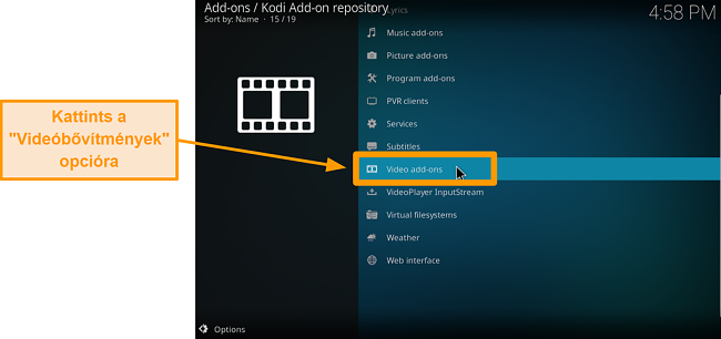 képernyőkép a hivatalos kodi addon telepítéséről, kattintson a hat kattintásos videó kiegészítőkre