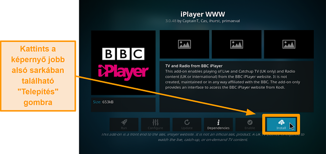 képernyőkép a hivatalos kodi addon telepítésének nyolcadik lépéséről