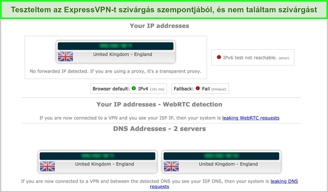A képernyőképe az ExpressVPN szivárgási teszt eredményeiről, amikor az Egyesült Királyságban egy szerverhez kapcsolódik