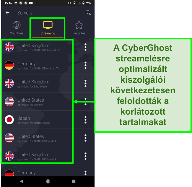 A képernyőképe a CyberGhost streaming-optimalizált szervereiről