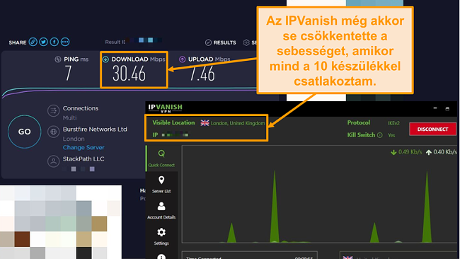 Képernyőkép az IPVanish kapcsolattal kapcsolatos sebességtesztről