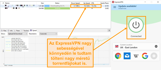 Képernyőkép a torrentfájlok ExpressVPN-kapcsolattal történő letöltéséről