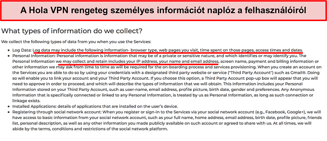 A Hola VPN adatvédelmi irányelveinek képernyőképe, amely bemutatja, hogy naplózza az IP címet