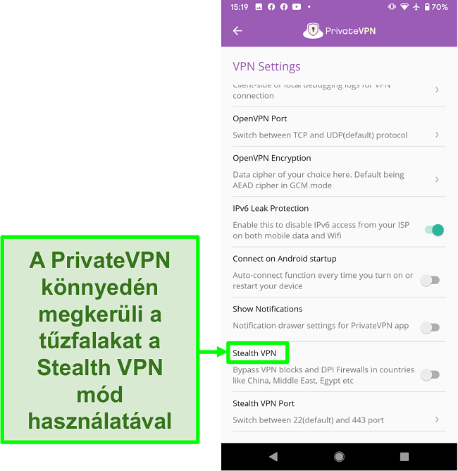 A PrivateVPN Android alkalmazás képernyőképe, amely Stealth VPN funkciót mutat, amely segít megkerülni a VPN blokkokat