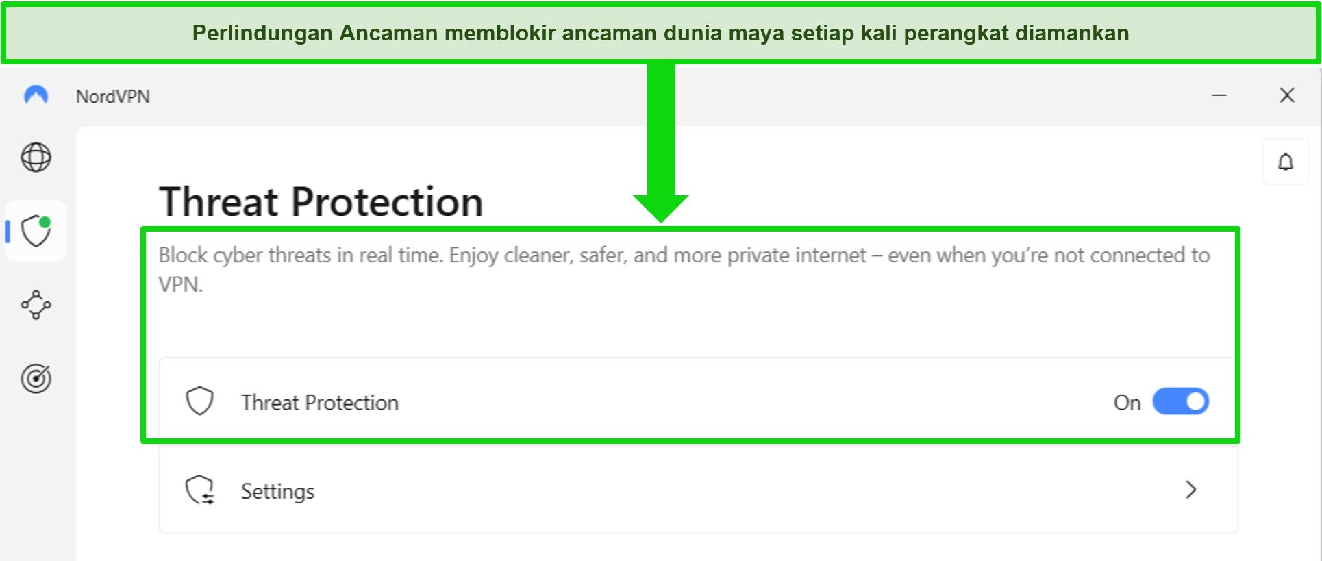 Tangkapan layar aplikasi Windows NordVPN yang menunjukkan fitur Perlindungan Ancaman selalu aktif.