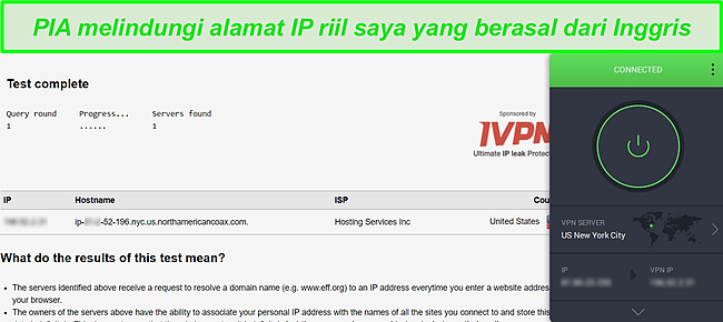 Tangkapan layar PIA yang terhubung ke server AS dan hasil uji kebocoran DNS tidak menunjukkan kebocoran