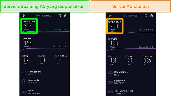 Tangkapan layar tes kecepatan Ookla iOS