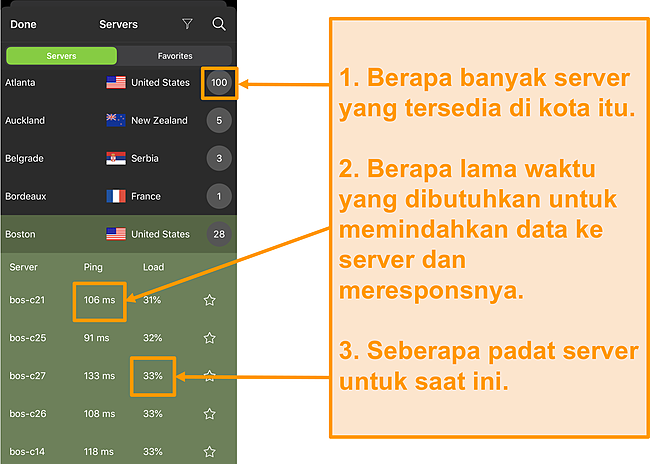 Tangkapan layar daftar server IPVanish dengan nomor server, ping, dan beban server disorot