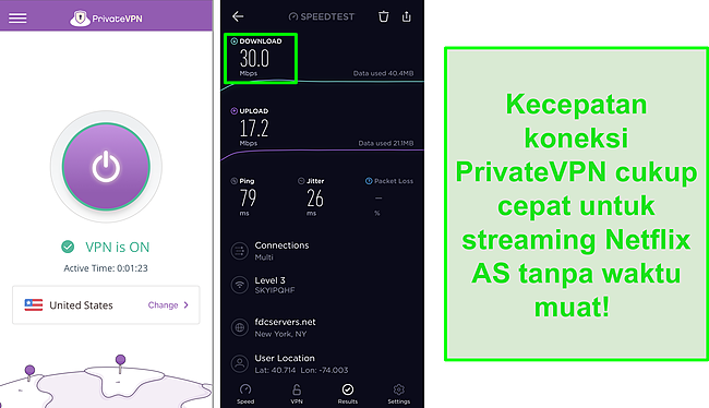 Tangkapan layar PrivateVPN terhubung ke server AS dan uji kecepatan Ookla