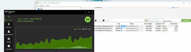 Screenshot of IPVanish VPN with uTorrent