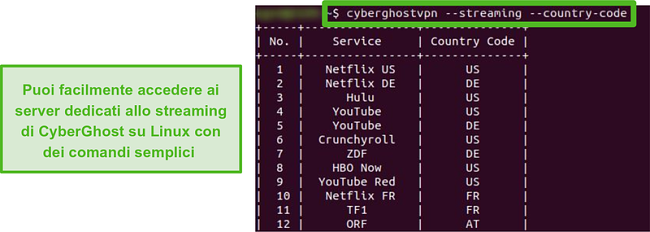 Screenshot dei server di streaming dedicati di CyberGhost su Linux.