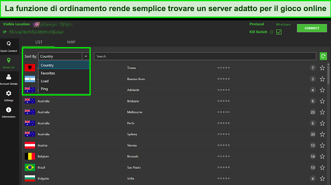 Screenshot della funzione di ordinamento di IPVanish