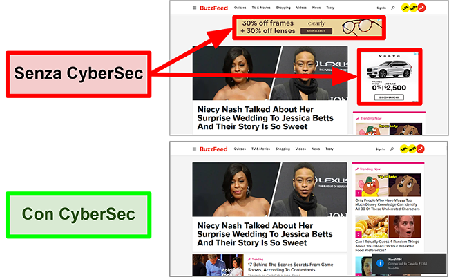 Screenshot della home page di BuzzFeed con la funzione CyberSec di NordVPN attivata e disattivata