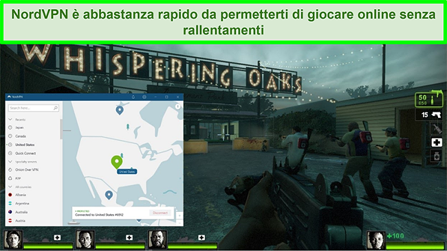 Screenshot di NordVPN connesso a un server statunitense durante la riproduzione del gioco Left 4 Dead 2