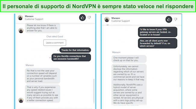 Il supporto tramite chat live 24 ore su 24, 7 giorni su 7, di NordVPN è rapido e utile