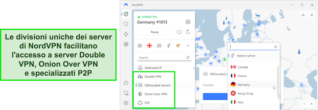 Panoramica dell'area di selezione dei server specializzati di NordVPN.