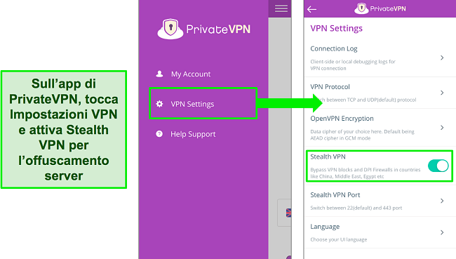 Schermate dell'app iOS di PrivateVPN che mostrano come attivare la funzione Stealth VPN