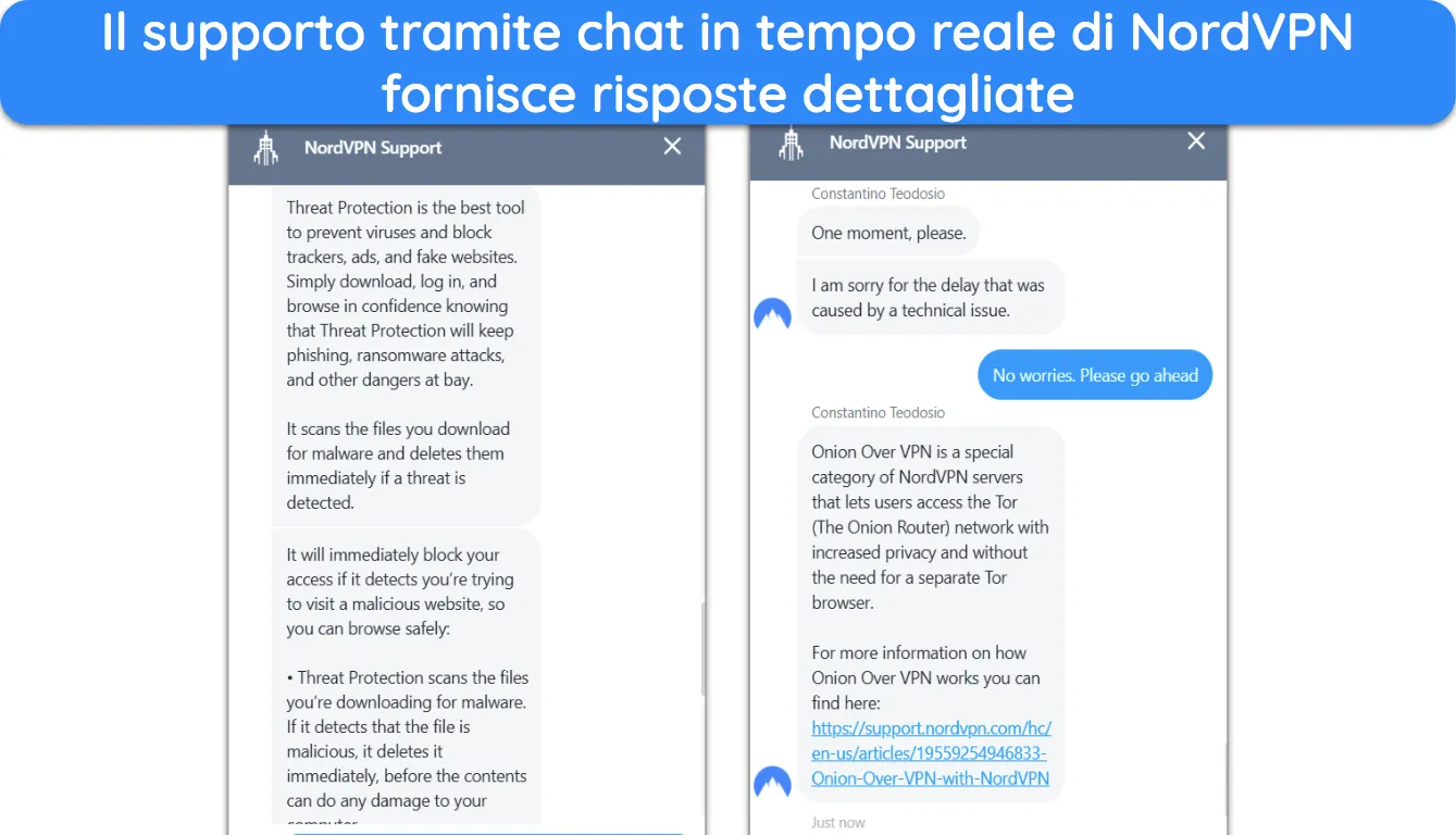 Screenshot che mostra una conversazione con il supporto della chat live di NordVPN.