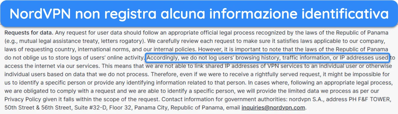 Screenshot che mostra come NordVPN non registra alcuna informazione identificativa.