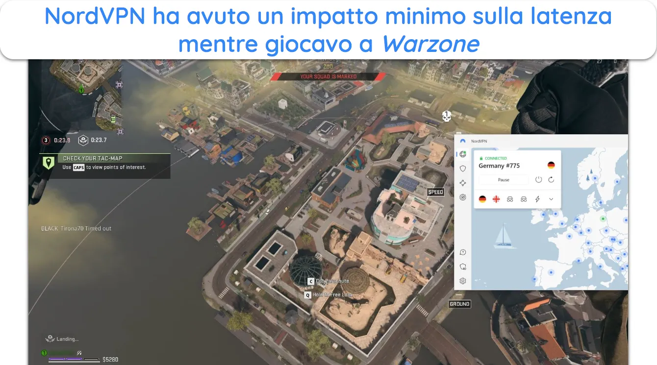 Screenshot che mostra Warzone che funziona senza problemi mentre è connesso a un server NordVPN in Germania.
