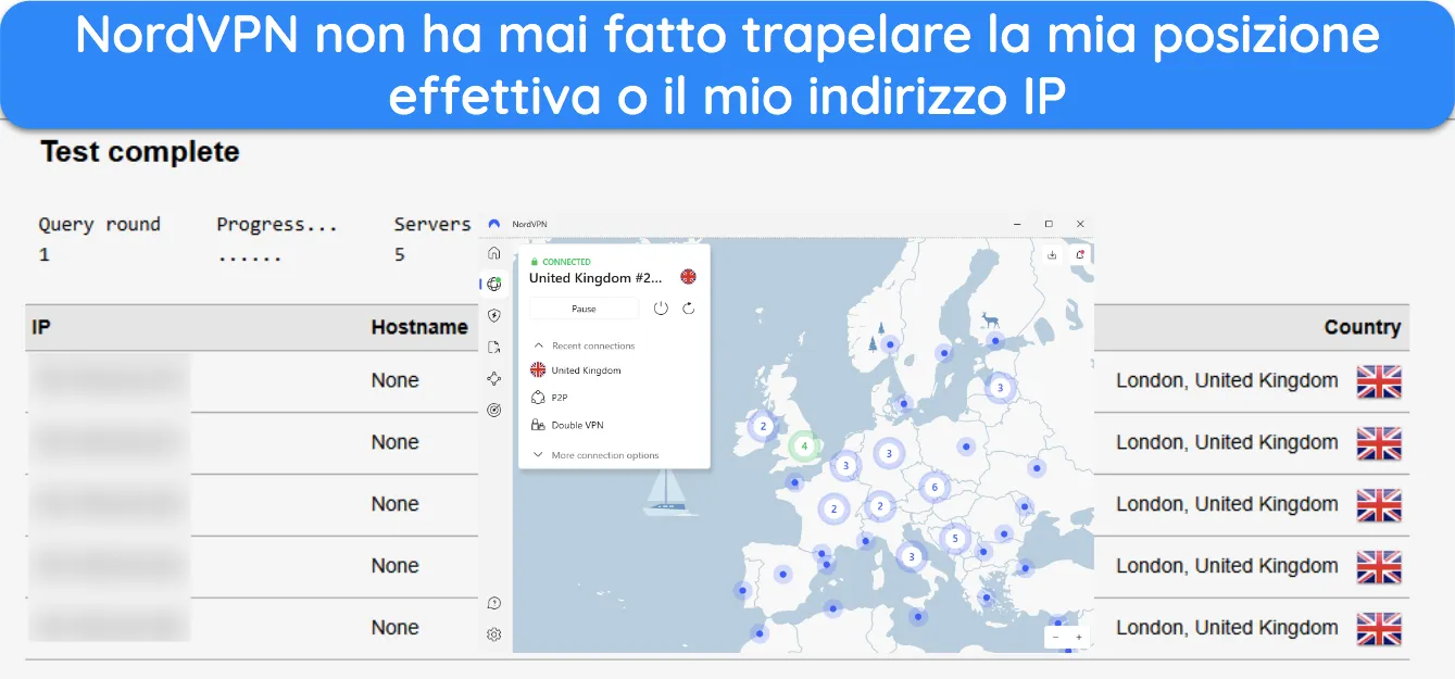 Screenshot del risultato di un test di perdita mentre è connesso a NordVPN.