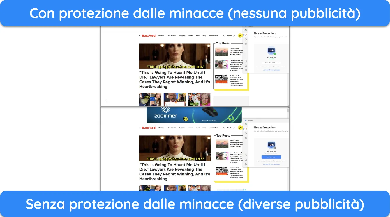 Screenshot che mostra un sito Web caricato con e senza la protezione dalle minacce di NordVPN.