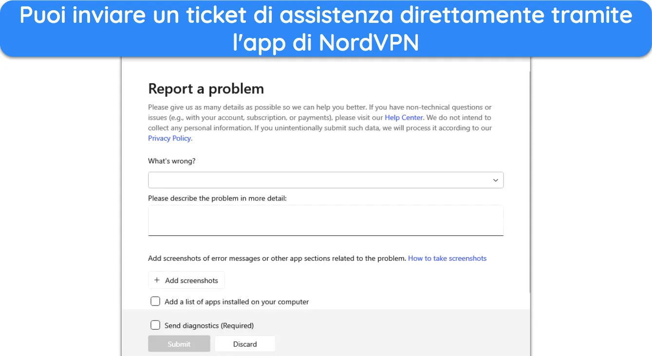 Screenshot della funzionalità di ticketing disponibile nelle app di NordVPN.