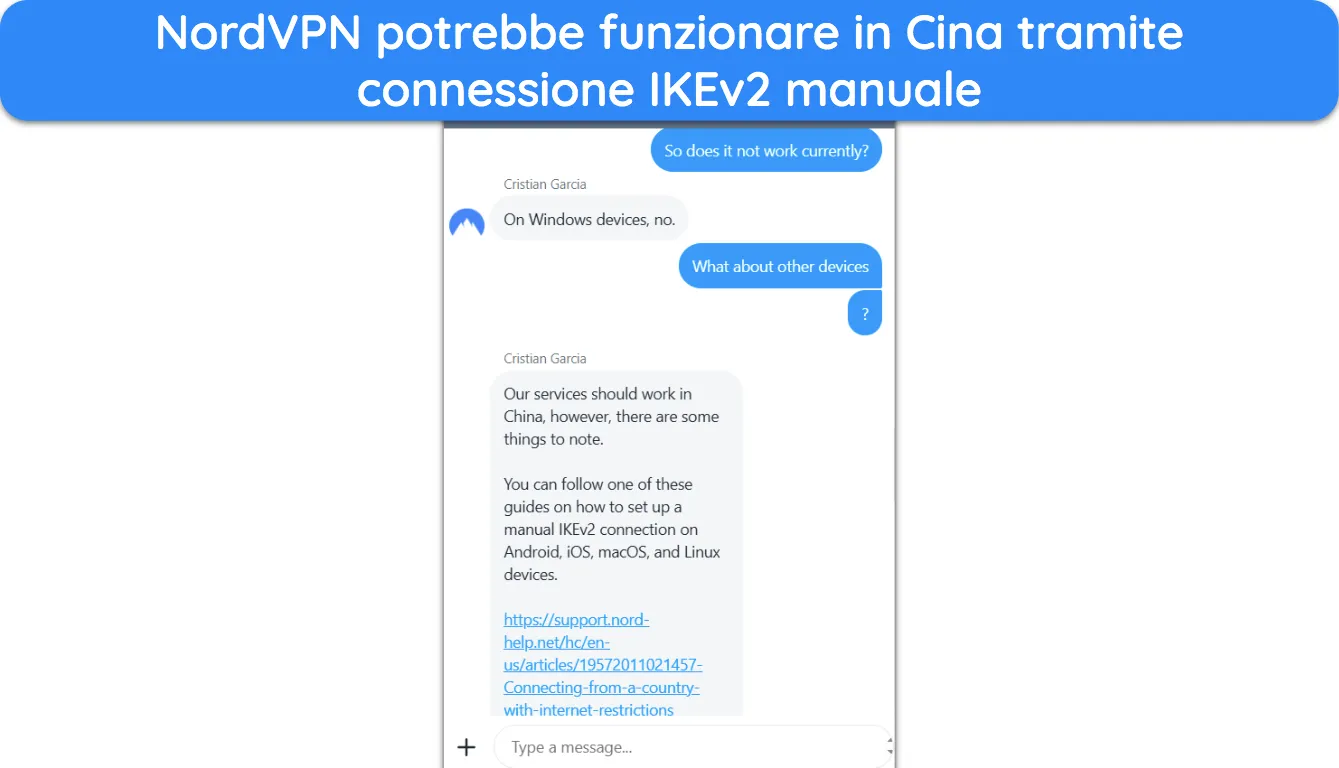 Screenshot del supporto NordVPN che spiega come la VPN potrebbe funzionare in Cina.