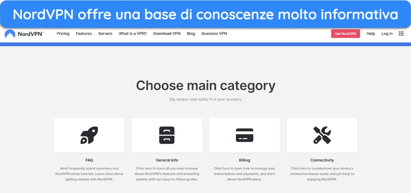 Screenshot che mostra la homepage della knowledge base di NordVPN.