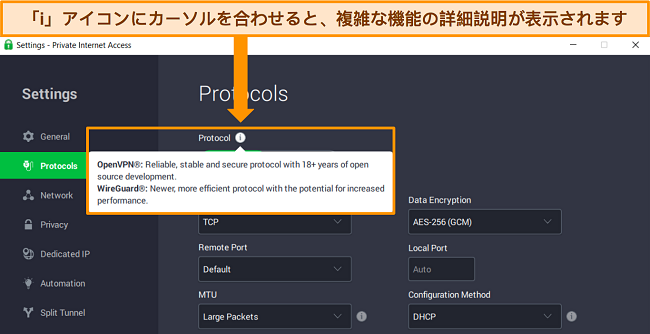 プロトコル メニューの PIA の Windows アプリのスクリーンショット。「i」情報アイコンにカーソルを合わせると、機能の詳細な説明が表示されます。