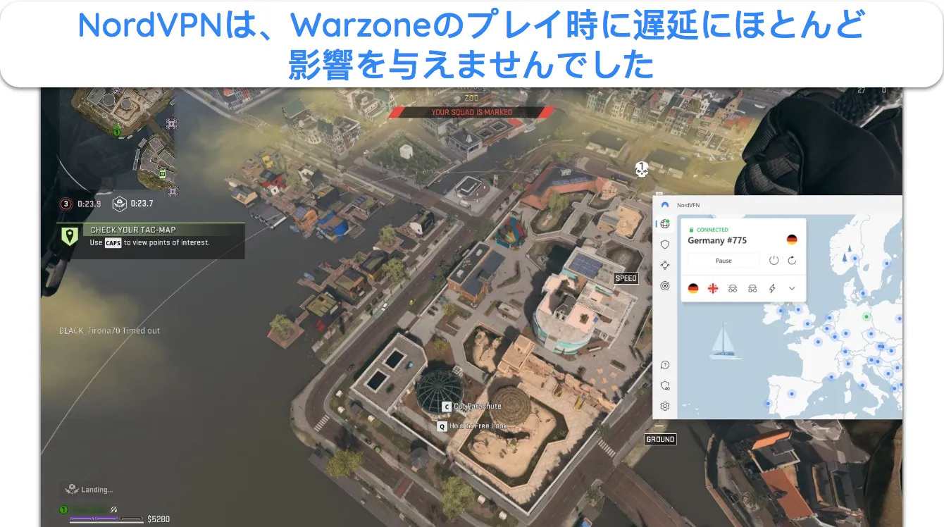 ドイツの NordVPN サーバーに接続しているときに Warzone がスムーズに動作している様子を示すスクリーンショット。