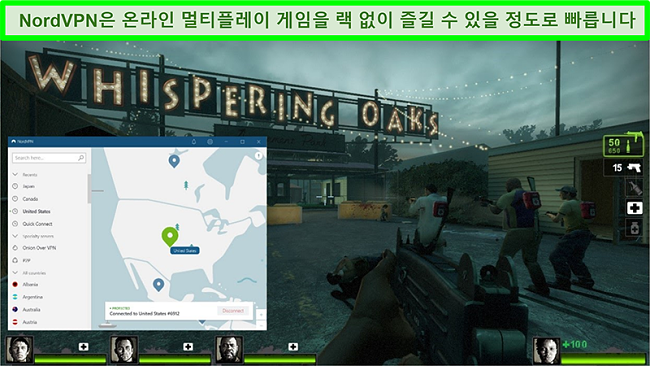 Left 4 Dead 2 게임을 플레이하는 동안 미국 서버에 연결된 NordVPN의 스크린 샷