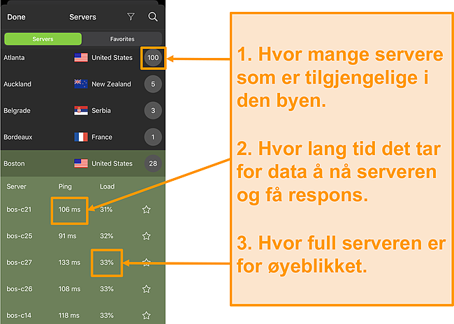 Skjermbilde av IPVanish-serverliste med servernumre, ping og serverbelastning uthevet