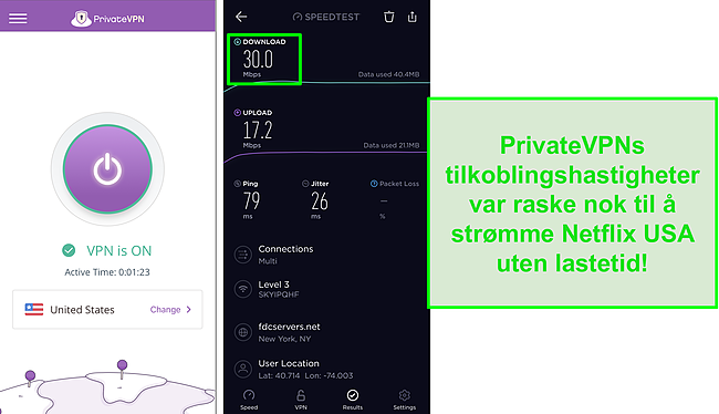 Skjermbilde av PrivateVPN koblet til amerikansk server og Ookla hastighetstest