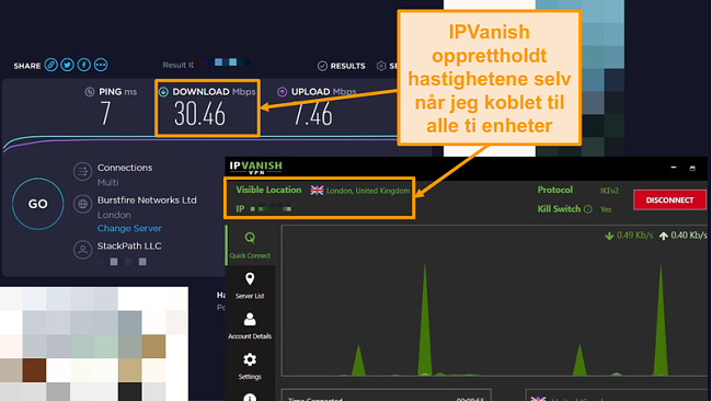 Skjermbilde av en hastighetstest med IPVanish-tilkobling