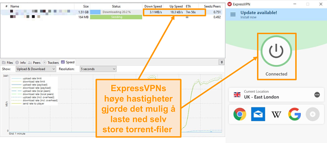 Skjermbilde av nedlasting av torrent-filer med ExpressVPN-tilkobling satt opp