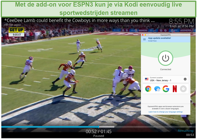 Screenshot of streaming football on ESPN3 with Kodi