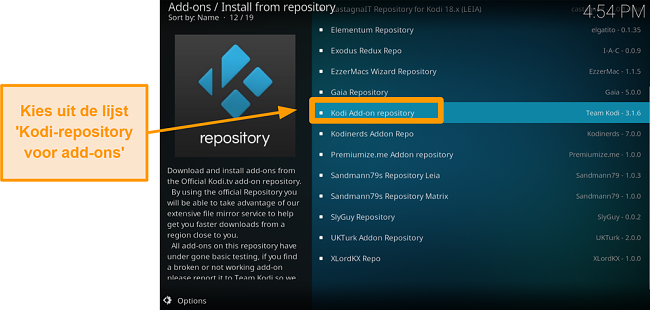 screenshot van het installeren van de officiële kodi-add-on stap vijf klik op Kodi-add-on repository uit de lijst