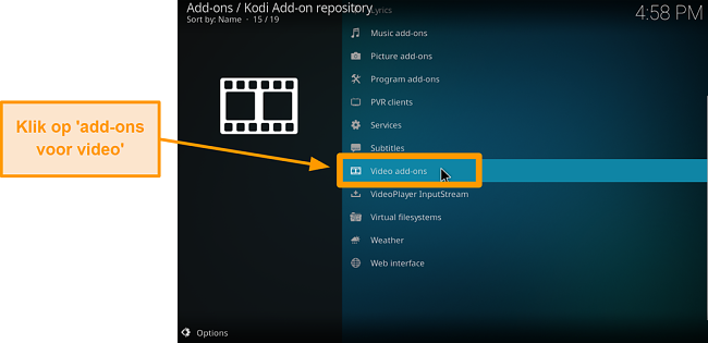 screenshot van het installeren van de officiële Kodi-add-on stap zes klik op video-add-ons