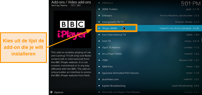 screenshot van hoe je de officiële Kodi-add-on stap zeven installeert, vind je gewenste add-on