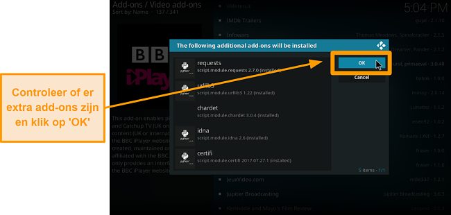 screenshot van hoe je de officiële Kodi-add-on stap negen installeert, controleer extra add-ons en klik vervolgens op ok