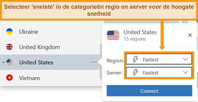 Screenshot van de serveropties van NordVPN voor de VS met de snelste regio en server