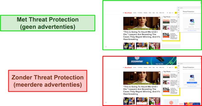 Vergelijking van de bedreigingsbescherming van NordVPN ingeschakeld tijdens het gebruik van BuzzFeed (er worden geen advertenties weergegeven) versus uitgeschakeld (er worden meerdere advertenties weergegeven)