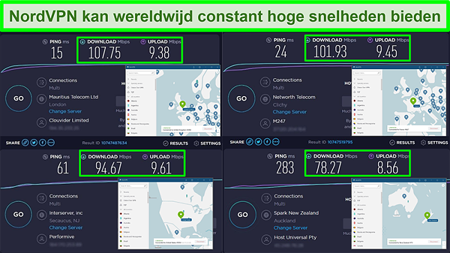 Schermafbeeldingen van snelheidstests met NordVPN verbonden met verschillende wereldwijde servers