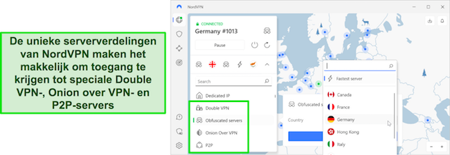 Overzicht van het selectiegebied voor speciale servers van NordVPN